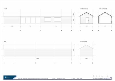 Fasadetegning og snittegning for vest, øst, nord og sør