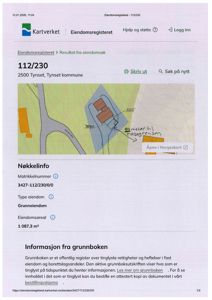 Kart fra Eiendomsregisteret som viser eiendomsnummer 112/230 i Tynset med eiendomsareal og nabolagsgrenser.