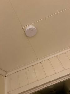 Fotografi av en hvit røykvarsler montert på et hvitt tak med paneler.