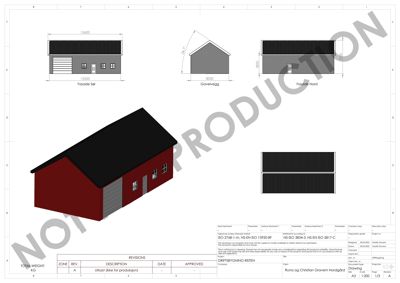 3D-visualisering av en bygning (garasje/oppbevaringsbygg) med tilhørende fasadetegninger og teknisk informasjon.