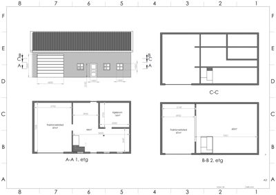 Bildet viser etasjeplaner (1. etg og 2. etg) samt snittegninger (A-A og C-C) for en bygning, med romnavn og mål.