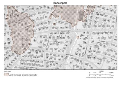 Kartutsnitt (karteksport) som viser et område med gatene Langmyrvegen, Furulundskåen og Moldevegen. Kartet markerer 'Jord_flomskred_aksomhetsområder' med prikket mønster.