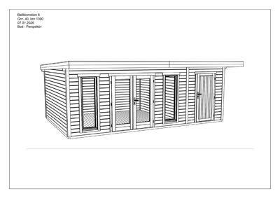En 3D-visualisering (perspektivtegning) av en planlagt bod med vinduer og dører.