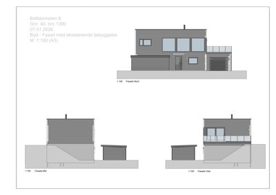 Fasadetegning for Ballblomstien 6 som viser fasadeopprikkene for Nord, Øst og Vest.