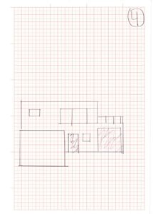En håndtegnet etasjeplan (trolig første etasje) som viser romfordeling, vinduer og en trapp.