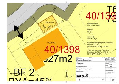 Situasjonsplan som viser tomtens form, areal (627,8 m²), bebyggelse (BYA), reguleringsstatus (BF2) og nabotomter.