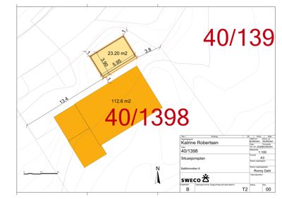 Situasjonsplan som viser to eiendommer (40/1398 og 40/1399) med arealopplysninger, grenser og orientering.