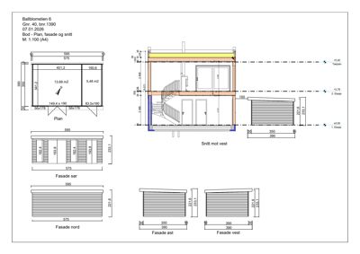En tegning som viser etasjeplan (Plan), fasader (Fasade nord, sør, øst, vest) og et snitt (Snitt mot vest) for en bolig.