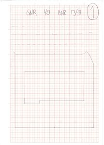 Situasjonsplan tegnet for hånd på rutenett. Planen viser en tomtegrense (GNR 40, BNR 1398) og en innfelt bygning eller bebyggelse.