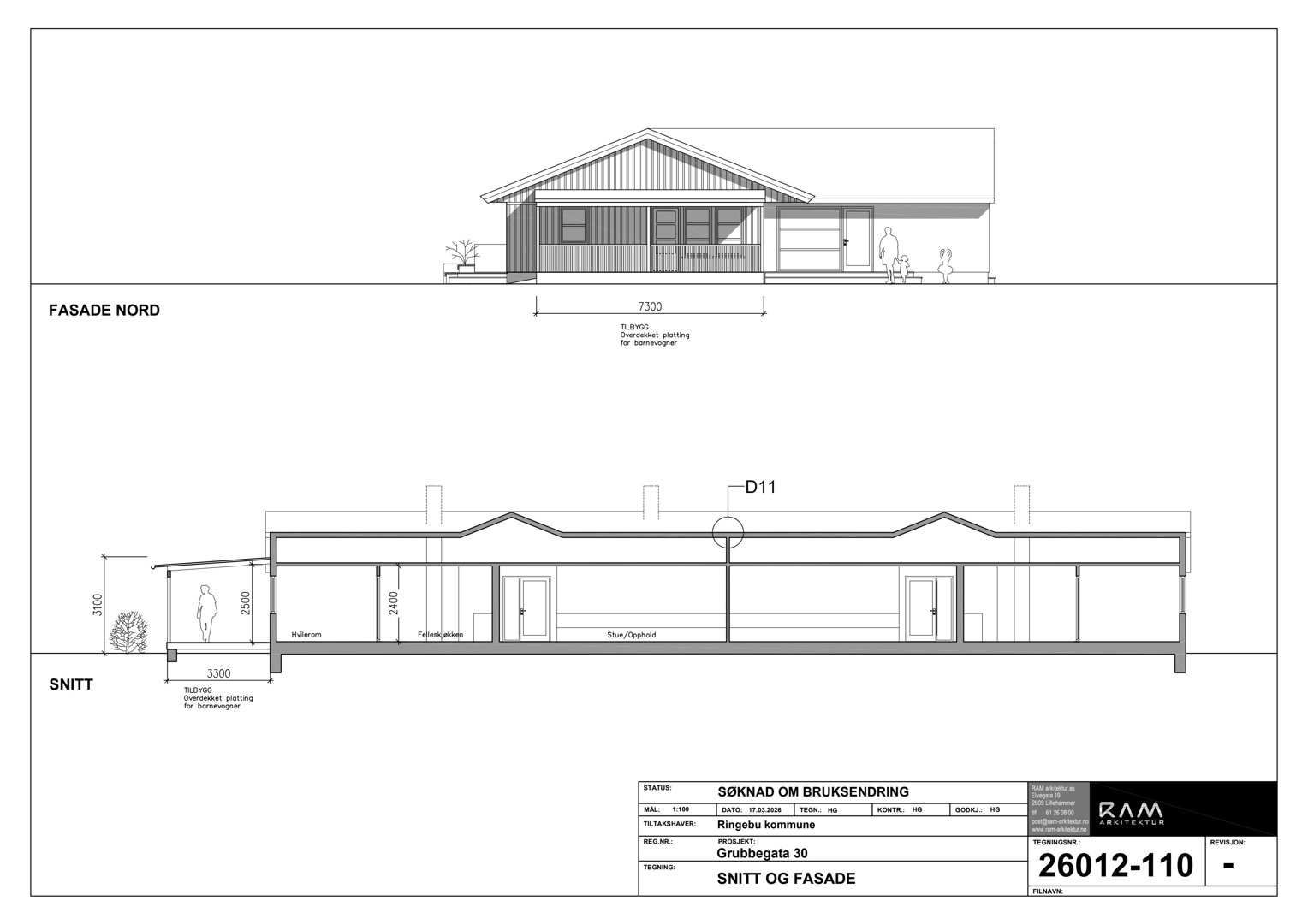 Tegning som viser fasade (Fasade Nord) og snitt (Snitt) av en bygning med mål og detaljer.