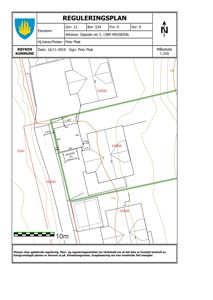 Reguleringsplan som viser eiendomsgranser, husplasseringer og målestokk.