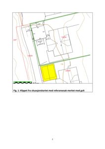 Situasjonskart som viser tomt, bygninger, vegger og en referansesak markert med gult.