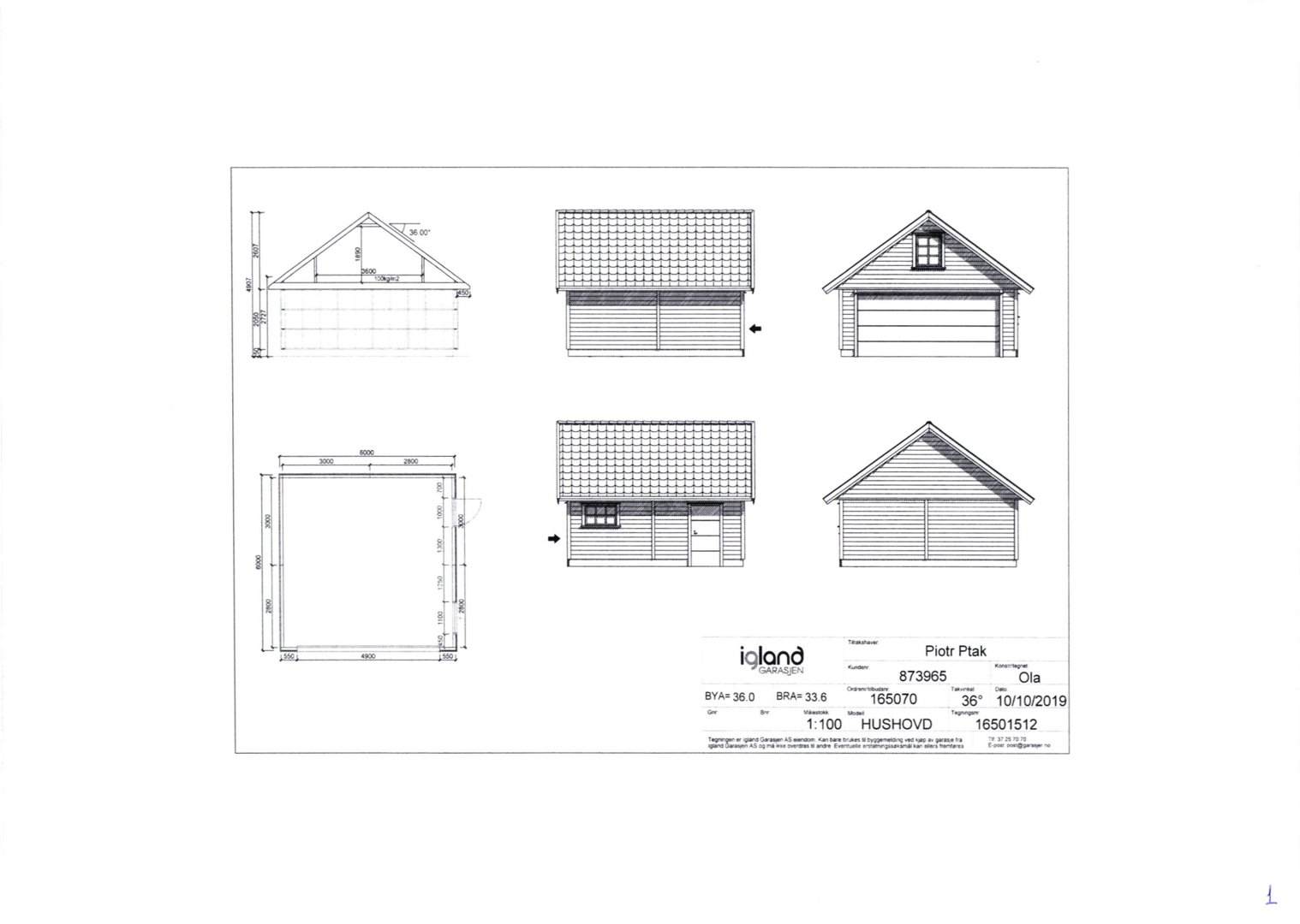 Fasadetegning som viser oppriss av en garasje sett fra flere vinkler (front, side, tak og snitt).