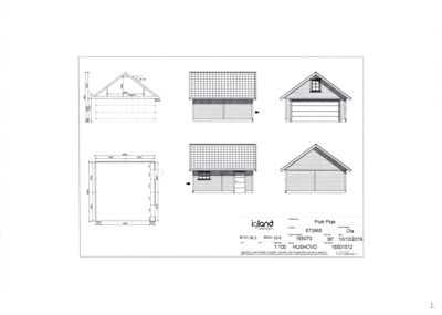 Fasadetegning som viser oppriss av en garasje sett fra flere vinkler (front, side, tak og snitt).