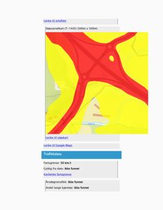 Kart over et område med støyvarselskart (rød og gul farge) og trafikkdata (fartsgrense, årsdøgntrafikk).