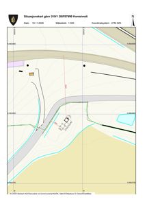 Situasjonskart som viser tomtens beliggenhet, form, grenser og omgivende infrastruktur.