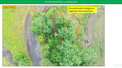 Luftfoto (dronebilde) av et lokasjonstiltak (Hornstvedt) med markeringer for fjellgrunn og vegetasjon.