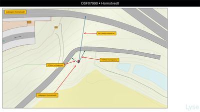Situasjonsplan som viser tomtens beliggenhet i forhold til vei og nabolag, samt angitte avstander (tomtsgrenser og veiavstand).