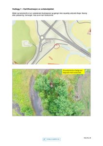 Dokumentet inneholder to kart/illustrasjoner: øverst en situasjonsplan med veier og terrengkonturer, og nederst et flyfoto med annotasjon om grunnforhold.