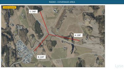 Satellittbilde (flyfoto) av et område med overlagte røde linjer som viser antatte radio-dekkingsretninger (A, B, C) fra en antennplass ved Humsvedt.