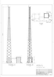 Fasadetegning som viser oppriss av en mast sett fra to sider (Fasade A og Fasade B) med mål og en planutsnitt.