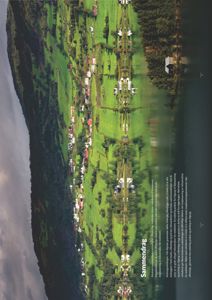 Et fotografi som viser et landskap med en bygd langs en kystlinje, inkludert hus, grønt terreng og vann.