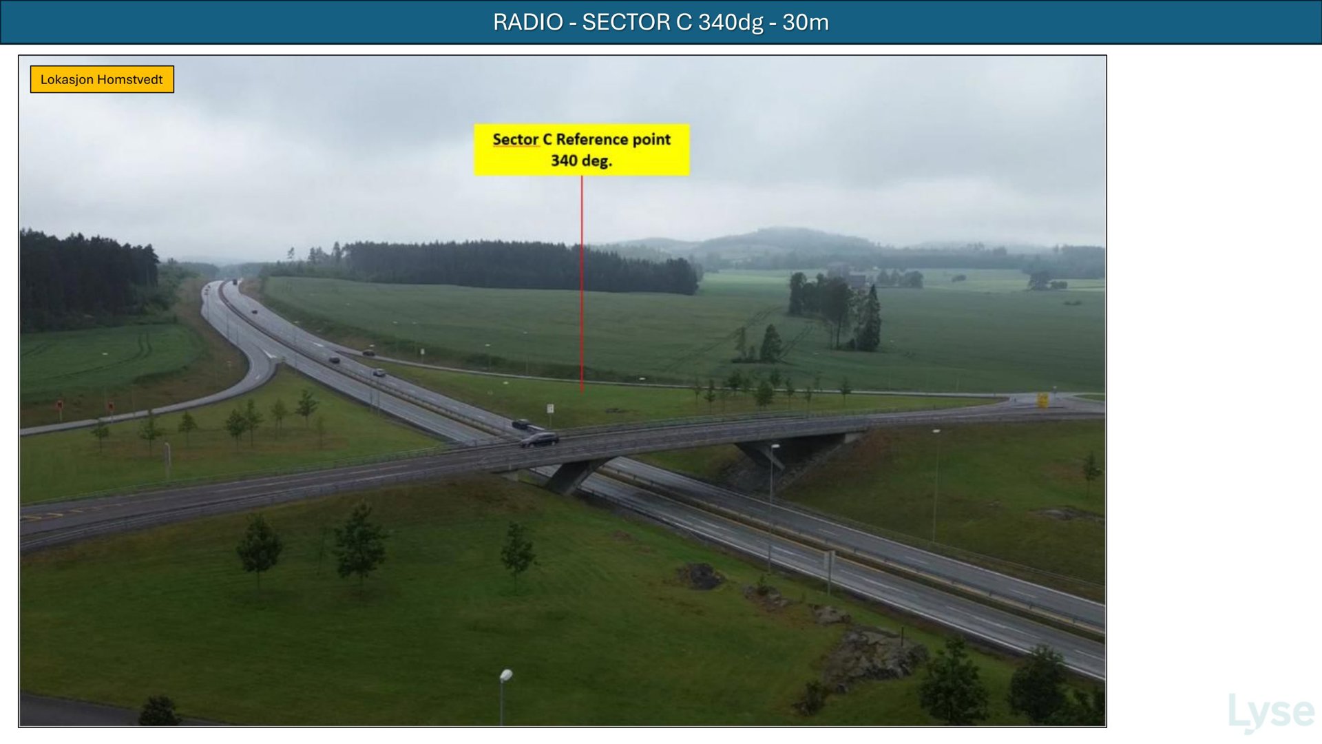 Fotografi av en vei- og broanlegg med overlappende markeringer for radiosektorer (Lyse).