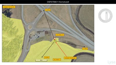 Flyfoto eller satellittbilde av en tomt ved en runde (Homstvedt) med overlagte målepunkter og retninger.