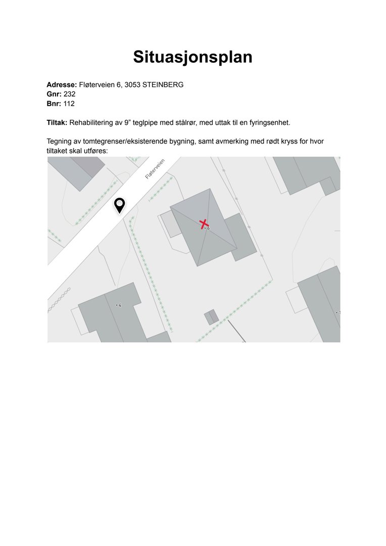 Situasjonsplan som viser tomtegrenser, eksisterende bygning og avmerking for tiltaket (rehabilitering av teglpipe).