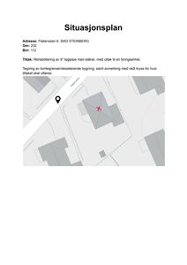 Situasjonsplan som viser tomtegrenser, eksisterende bygning og avmerking for tiltaket (rehabilitering av teglpipe).