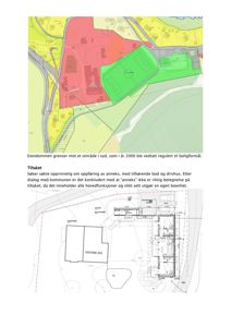Bildet viser en situasjonsplan med fargekodet arealbruksregulering (rødt, grønt, gult) og en detaljert plantegning av eiendommen med bygninger og vegger.