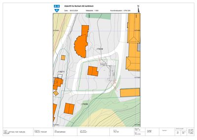 Situasjonsplan (basiskart) som viser tomtens beliggenhet, nabotomter, vegnett og topografi.