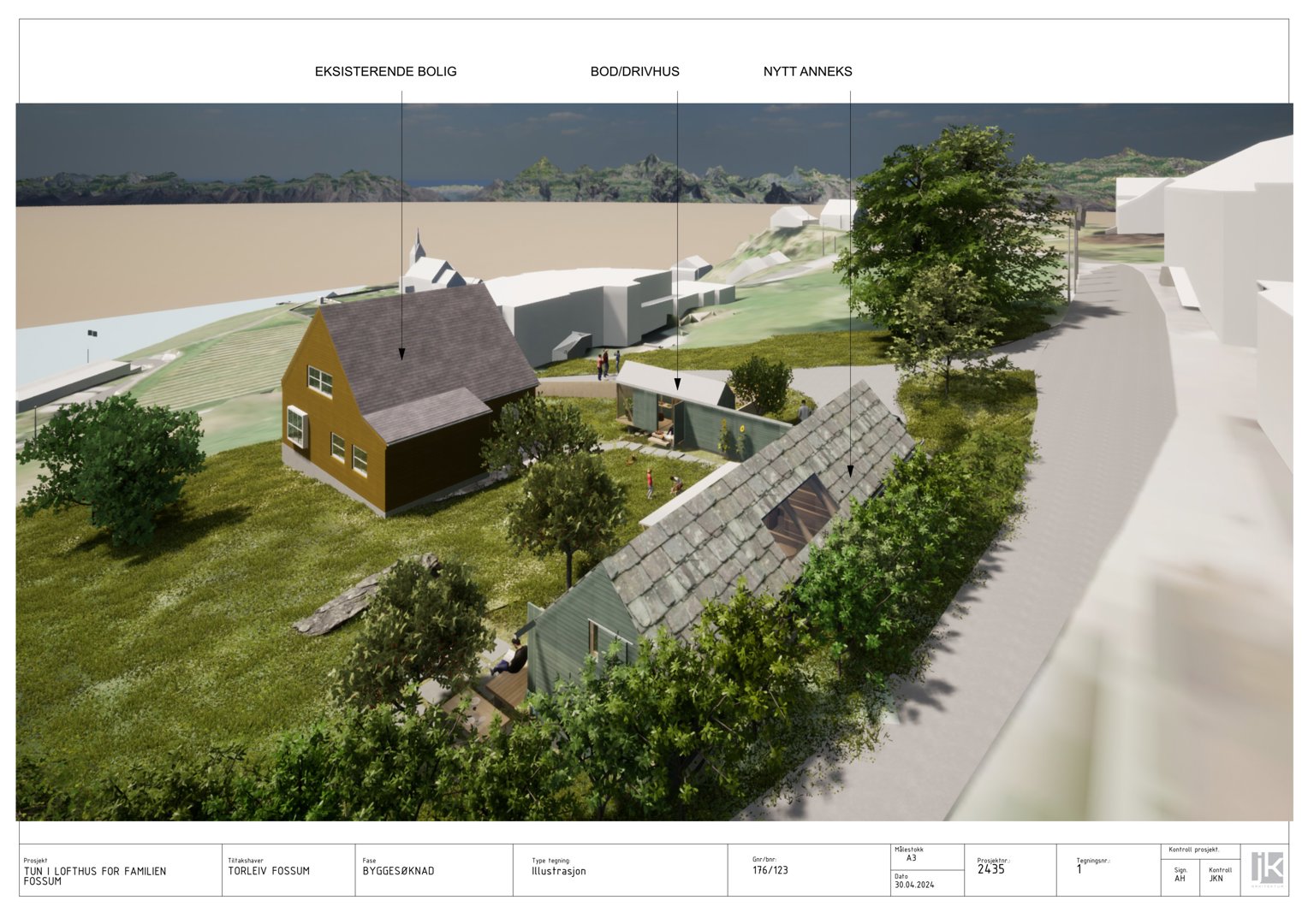 3D-visualisering (rendering) som viser eksisterende og planlagt bebyggelse i et landskap.