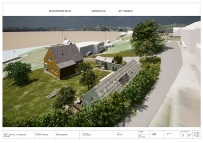 3D-visualisering (rendering) som viser eksisterende og planlagt bebyggelse i et landskap.