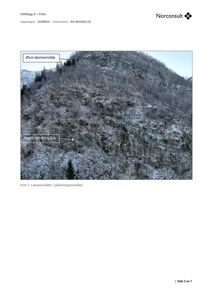 Fotografi av et fjellområde med merking av 'Øvre løseområde' og 'Nedre løseområde'.