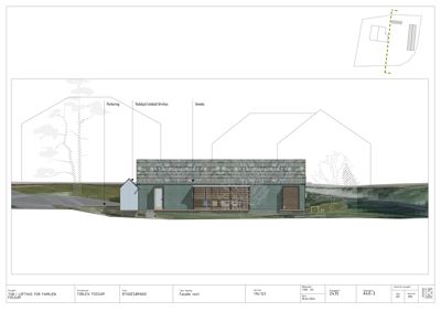 Fasadetegning (opprikk) av en bygning sett fra vest, med visuell fremstilling av fasadematerialer og omgivelsene.
