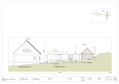 Snittegning (Snitt 1) som viser tverrsnittet gjennom eksisterende bolig, utebod/drivhus og anneks med høydemål og terrengforhold.