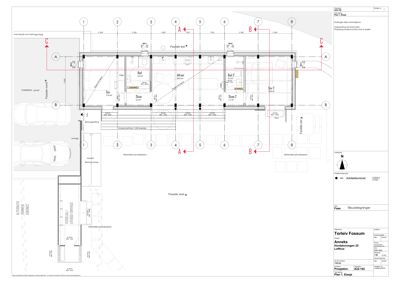 Etasjeplan (Plan 1. Etasje) som viser romfordeling, dimensjoner og fasadeorientering for en bolig.