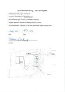 Situasjonsplan som viser eiendomsgranser, nabobebyggelse og angitte avstander for en avstandserklæring.