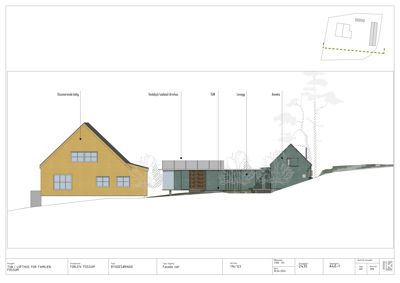 Fasadetegning (opprikk) som viser bygningens utseende fra siden, inkludert eksisterende hus, nybygget tun og annekset.