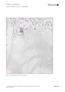 Situasjonsplan (aktsomhetskart) som viser bygningers plassering i forhold til omgivelsene, inkludert skredsoner.