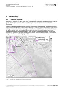 Kart som viser et kartleggingsområde og påvirkningsområde for en byggesak, med overlappende topografisk bakgrunn.