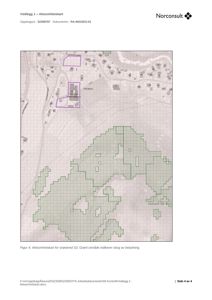 Et aktsomhetskart (situasjonskart) som viser et område med bygningsplasseringer, skogområder og en elv.