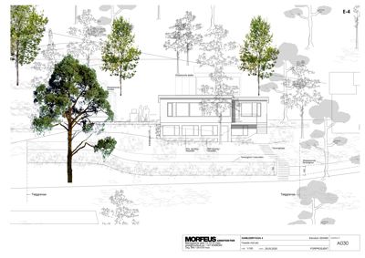 Fasadetegning (opprikk) av en toetasjes bolig sett fra siden, med omgivende terreng og trær.