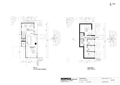 Etasjeplaner (Plan 01 og Underetasje) som viser romfordeling, mål og areal for en bygning.