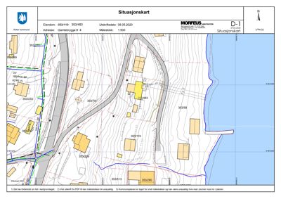 Situasjonskart som viser eiendomsnummer, adresse, naboeiendommer, vegnett og topografi.