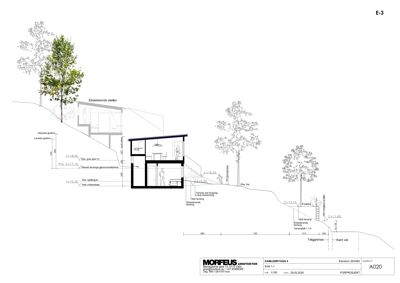 Snittegning som viser bygningens tverrsnitt, høyder, terrengforhold og innvendig oppdeling.