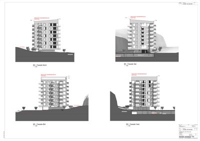 Fasadetegning som viser bygningens utseende fra fire ulike sider (Nord, Sør, Øst, Vest).