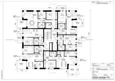 Etasjeplan for 2. etasje (B2) av en bygning, som viser romfordeling, arealer og plassering av balkonger.