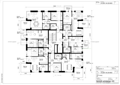 Etasjeplan for 6. etasje i et flerboligbygg, som viser romfordeling, arealer og balonger for ulike leiligheter.